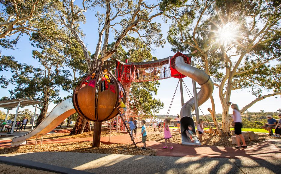 Skywalk playspace, slides, custom pods, Birdseye StudiosX